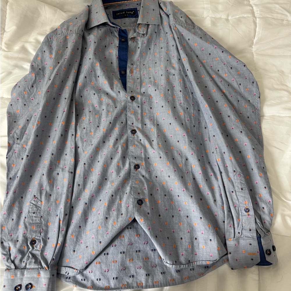jared lang gray button down with multi color rectangle print